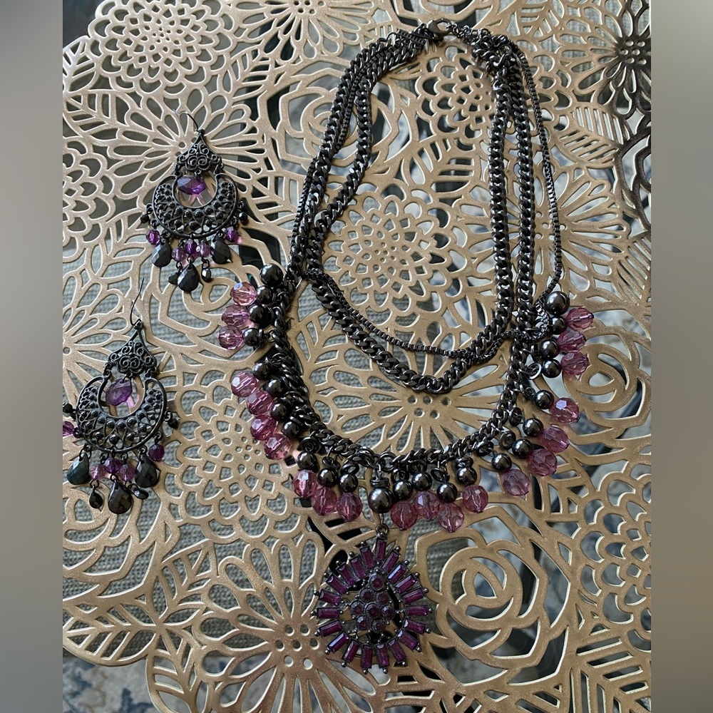 Statement Costume Jewelry Set Necklace and Earrings Purple and Black